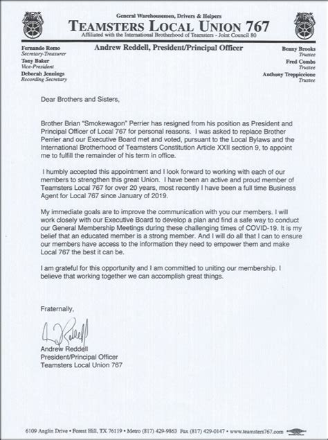 Letter To The Membership From President Reddell Teamsters Local 767