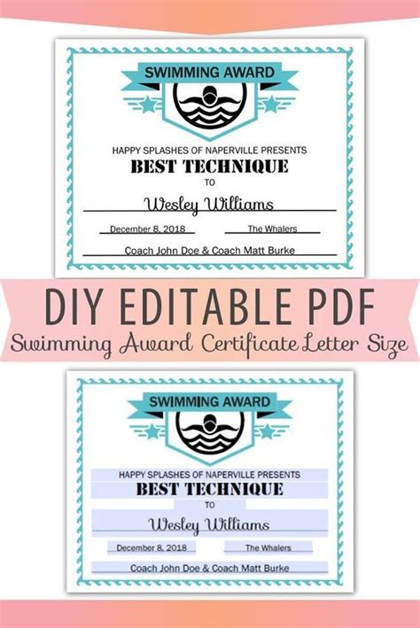 Editable Pdf Sports Team Swim Swimming Certificate Award For Awesome