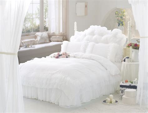 White Ruffle Lace Princess Bedding Comforter Set Full Queen Size Duvet Cover Quilt Bed Linen