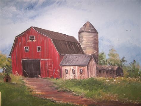 005 Image Farm Scene Painting Red Barn Painting Barn Painting