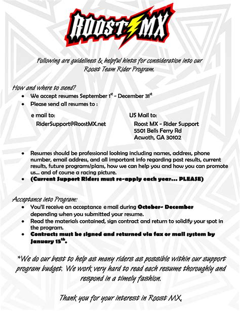The resume should include your age, name, acomplishments, goals, what you will do for them, why try pantsaggin. Roost MX - Motocross Graphics - Rider Resume