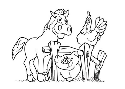 Happy Horse And Hen And Pig In Farm Animal Coloring Page