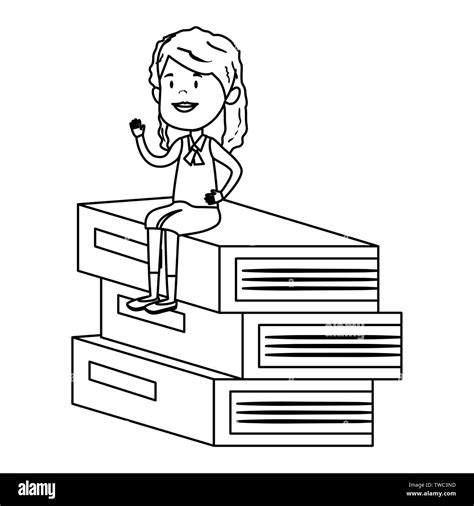 Happy Student Girl Seated In Pile Text Books Stock Vector Image And Art