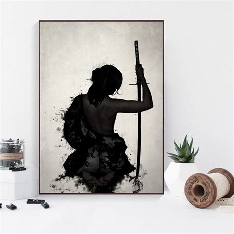 Japan Style Armored Samurai Female Abstract Ink Poster Canvas Art Print