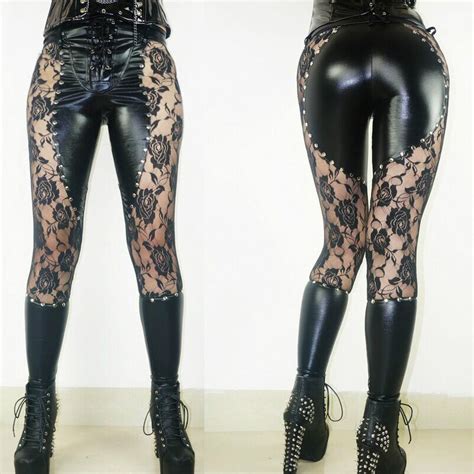 New Women Sexy Lingerie Faux Leather Black Lace Up Leggings Wet
