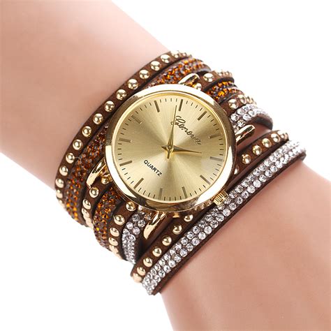Fashion Multilayer Leather Band Rivets Bracelet Watch Women Rhinestone
