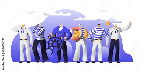 Ship Crew Male Characters In Uniform Captain At Steering Wheel