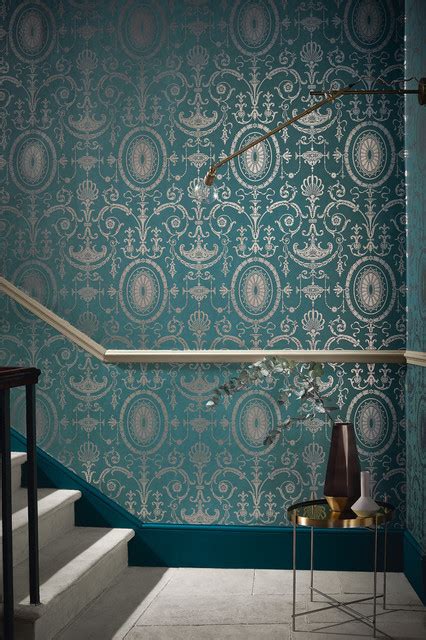 Luxuriously Styled Hallway With Decadent Wallpaper Traditional