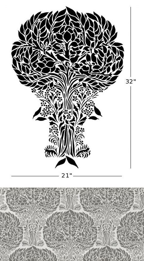 Stencil For Walls Art Nouveau Tree Pattern With Birds 32 High