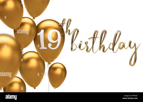 Gold Happy 19th Birthday Balloon Greeting Background 3d Rendering