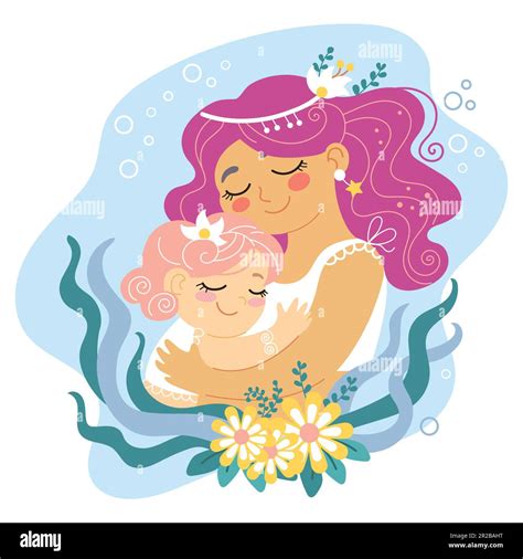Beautiful Cute Mama Hugs Her Little Daughter Vector Cartoon