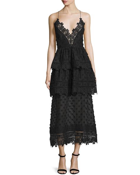 self portrait sleeveless lace trim polka dot midi dress black