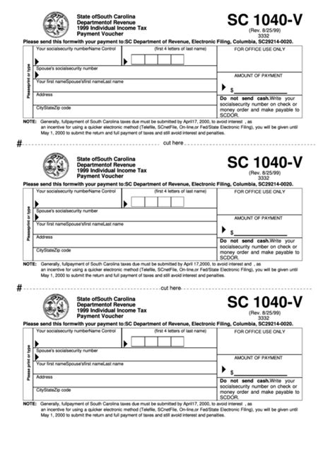 Form Sc 1040 V Individual Income Tax Payment Voucher 1999 Printable