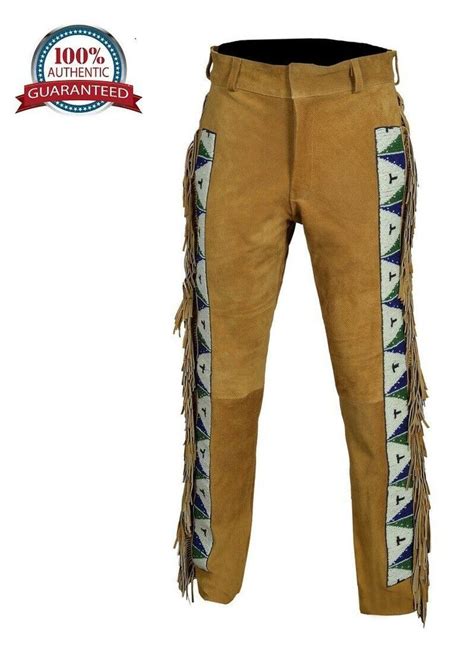 Mens Native American Genuine Suede Leather Fringe Pants Sioux Beads