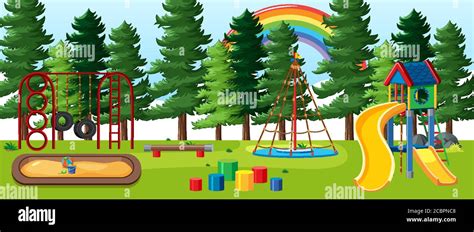 Kids Playground In The Park With Rainbow In The Sky At Daytime Cartoon