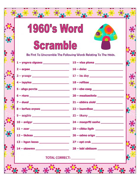 1960s Word Scramble Game Retro Party Game Diy Printable Word Etsy