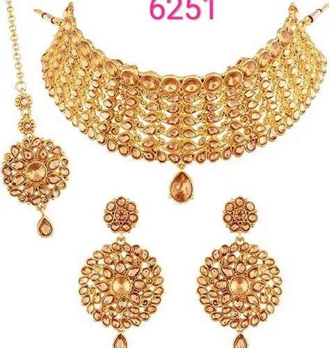 Gold Plated Polki Stone Choker Necklace Earrings Ethnic Indian