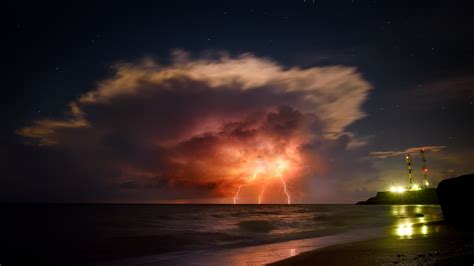 Wallpaper Storm Lightning Starry Night Beach Sky Horizon Clouds