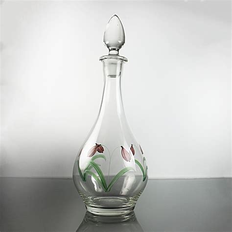 Tall Floral Decanter Set Four Wine Glasses Hand Painted Original Stopper 15 Inch Clear