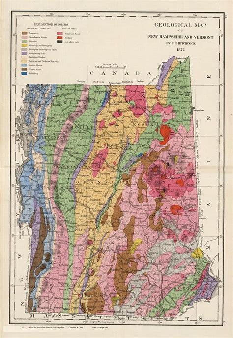 New Hampshire And Vermont Geology In 1877 Old Map Reprint Showing