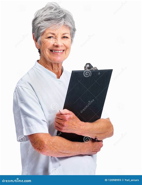 Senior Nurse Holding A Clipboard Over White Stock Image Image Of