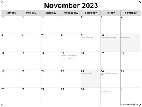 November 2023 With Holidays Calendar