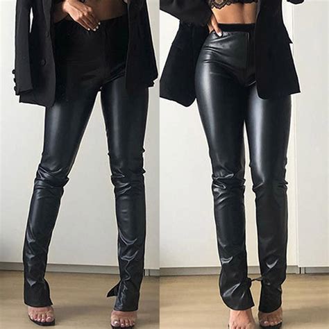 Buy Womens Solid Elastic Waist Casual Trousers Sexy Leather Tight