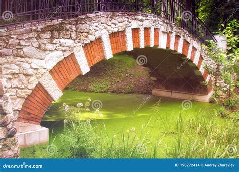 Stone Bridge Over The Pond Flowering Duckweed In The Lake Beautiful