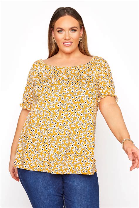 Mustard Floral Scoop Neck Top Yours Clothing