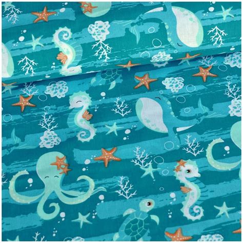 Sea Animals Fabric Sea Horses Fabric Whale Octopus Cotton Etsy