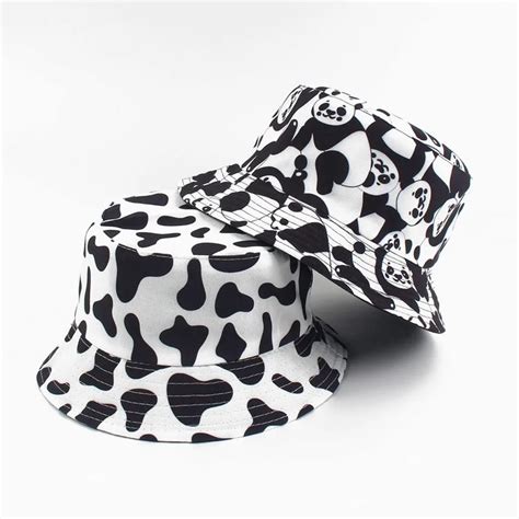 New Fashion Reversible Black White Cow Pattern Bucket Hats Fisherman