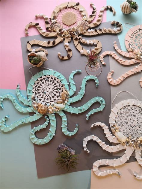 Linen pillow octopus home decor. Beach house shell wall decor Octopus dreamcatcher, shell ...
