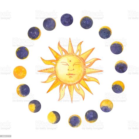 Set Of Watercolor Moon Phases And Sun Trendy Hipster Logotypes Isolated