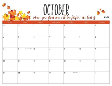 October Canada Calendar 2019 | October calendar, October ...