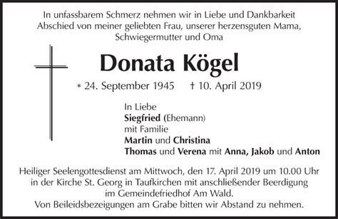 Traueranzeigen von Donata Kögel SZ Gedenken de