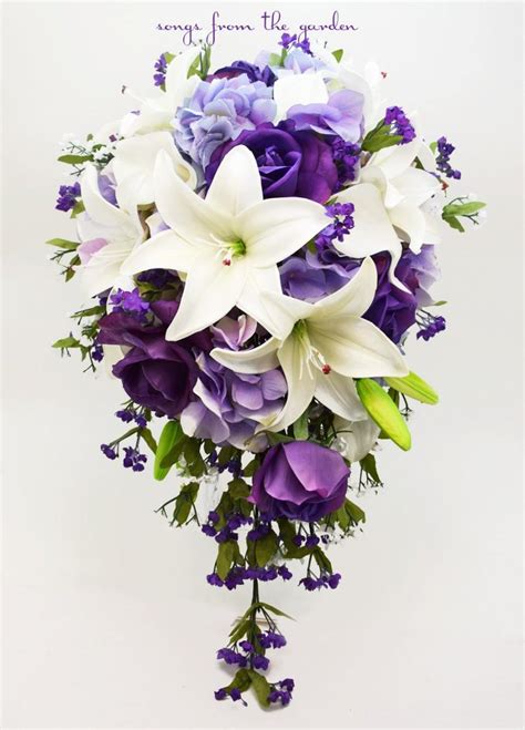 cascade bridal bouquet with real touch purple roses real touch lilies silk lavender hydrangea