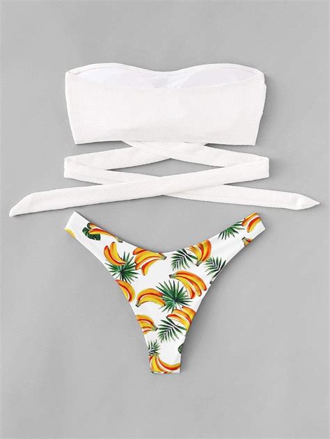 White Tropical Wrap Bandeau Top Swimsuit With Hipster Bikini Bottom