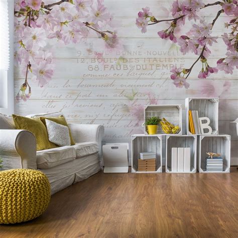 Vintage Chic Cherry Blossom Wood Planks Wall Paper Mural Buy At