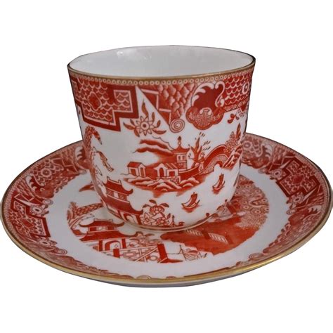 Antique Royal Worcester Chinoiserie Cup Saucer Brick Red Orange