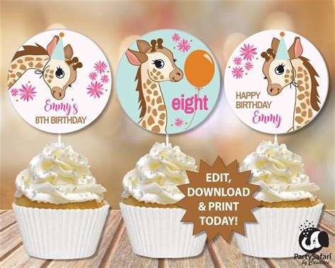 Giraffe Girl Editable Birthday Party Cupcake Toppers Etsy