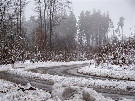 Image Of Foggy And Snowy Winter Road Stock Image Image Of Cold