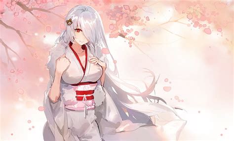Hd Wallpaper White Hair Anime Girls Original Characters Kimono Red