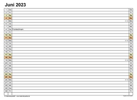 Kalender Juni 2023 Als Excel Vorlagen