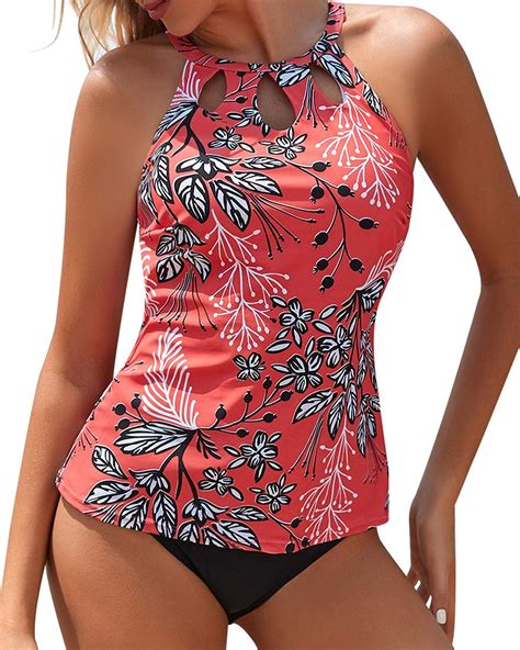 Yonique Red High Neck Tankini Swimsuits For Women Halter Floral Print Bathing Suits Two Piece