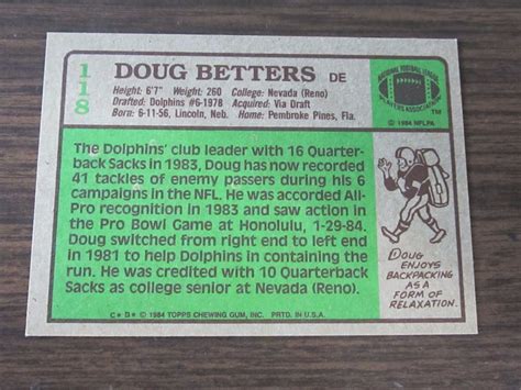 1984 Topps 118 Doug Betters Autograph Signed Card Miami Dolphins Ebay