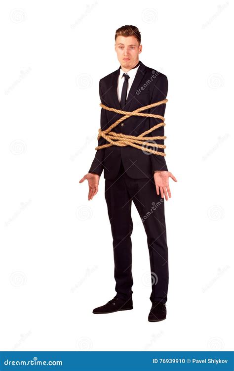 Full Length Portrait Of Businessman Tied With The Rope Isolated Stock