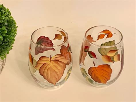 Painted Stemless Wine Glass With Fall Leaves Set Of 2 Etsy