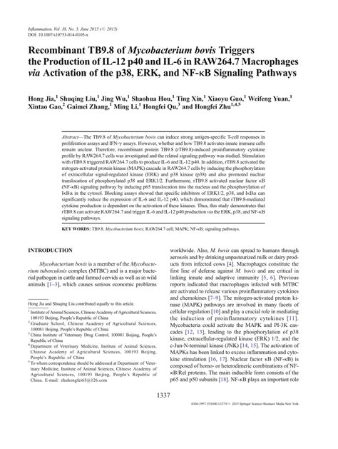 Pdf Recombinant Tb98 Of Mycobacterium Bovis Triggers The Production Of Il 12 P40 And Il 6 In