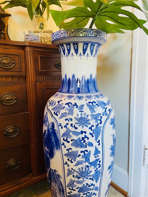 Vintage Chinoiserie Extra Large Floor Vase 36 Tall Blue And Etsy