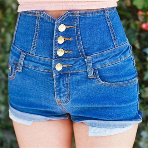 Chic Cut Out High Waist Button Design Denim Shorts For Women Blue S